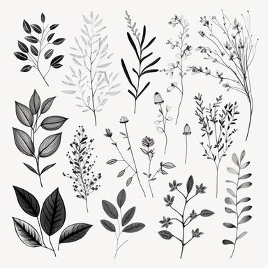 Minimalist botanical line art sketches,line floral clip art, black line, pencil floral sketches, buttons and leaves, collection of handrawn floral elements, white background, Hand drawn line leaves branches and flowers, monochrome, inck draw