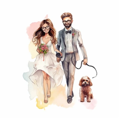 Watercolor clipart cute tall slim kawaii elegant groom wearing glasses with a beard walking hand in hand with a bride with long straight hair wearing glasses smiling , with a small shaggy dog on a leash