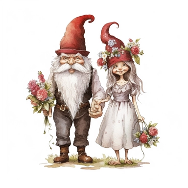 scen with Garden gnome wedding, one female gnome and one male gnome, friends and family Cheering, happiness and joy, wedding dress, white background, style of Pierre-Joseph Redoute, as clipart, single design, sharp lines, dreamy.