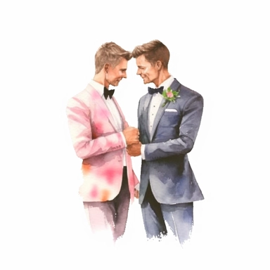 watercolour wedding couple gay, clipart on white background, highly detailed, professional color gradation, clean sharpness
