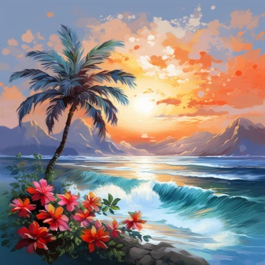 artwork majestic palm tree in digital painting style, beautiful flowers, sunrise mountain and clouds, big sea waves, water splashes, water splashes, white background, colorful fantasy flower surround, highly detailed clean, vector image, photorealistic master piece, professional photography, realistic, flat white background, isometric, vibrant vector, clipart, illustration, realism, 4k, cinematic, front view, white background