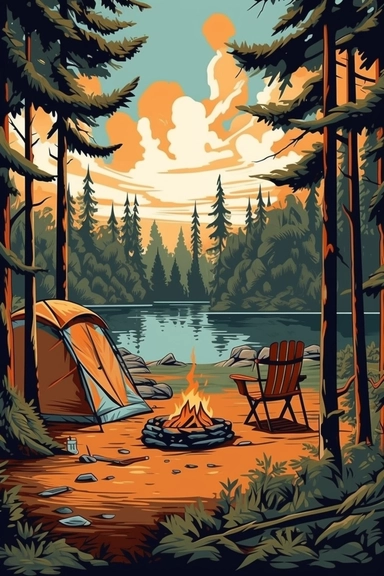 camping scene with campfire, chairs, and tent in the woods during the summer months. vector clip art illustration, detailed, rustic