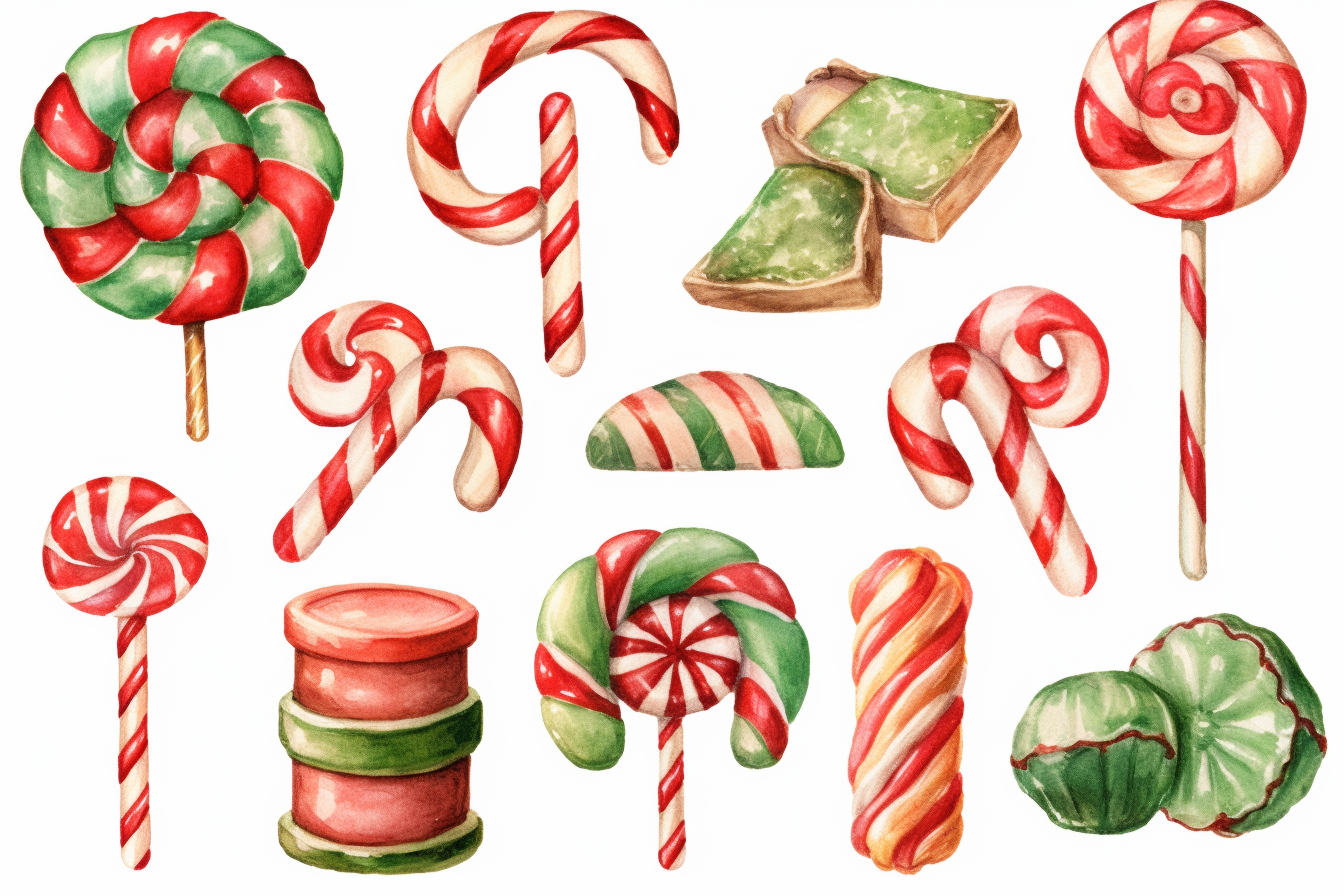 watercolour of a variety of Christmas Candies. Red and Green Gumdrops ...