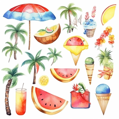 Beautiful summer items clipart set isolated on white. summer clipart, watercolor summer clipart, Summer Clip Art, palm trees, ice-cream, watermelon, drinks, beach, sea