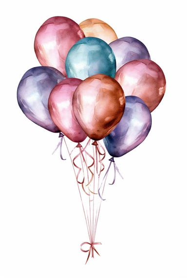 watercolor metallic colour balloon bundles tied together with ribbons, clipart, hd, isolated, spaced out, on white background,