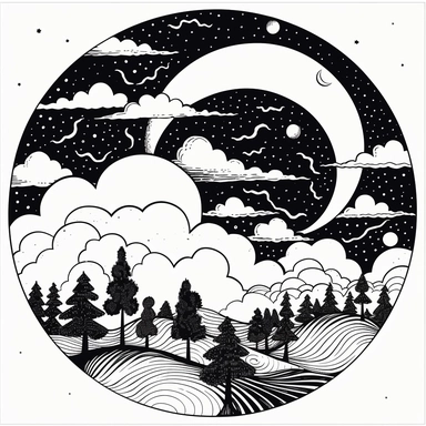 black and white vector outline line art clipart of a crescent moon and clouds , black and white, in the style of Aubrey Beardsley, white background, NO PEOPLE