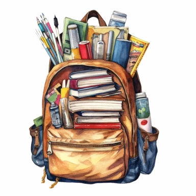 A clipart image of a watercolor backpack filled with books and school supplies on a white background.
