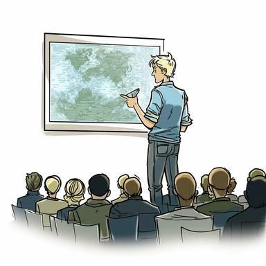 clipart of male, tall, blonde, young professional in a blue polo shirt and dark kaki pants giving a presentation on AI. The audience should be clapping at the current slide being presented on the slide deck. The audience should be women since this is a women’s empowerment event.