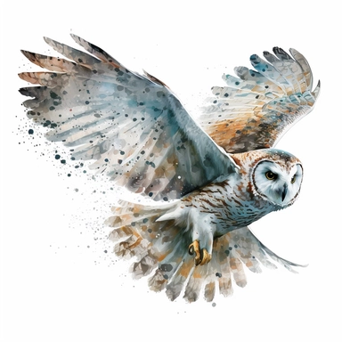 a snow owl flying illustration, in the style of realistic watercolor paintings, rusty debris, chen zhen, sketchy, angular simplicity, ivan marchuk, stock photo grid-based, clipart, isolated on a white background