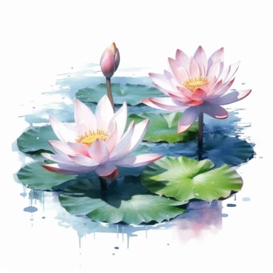 lotus flowers with blossoms floating on the water artistic watercolor with a delicate touch with shadow gradation white background clipart high quality 8k hyper detailed