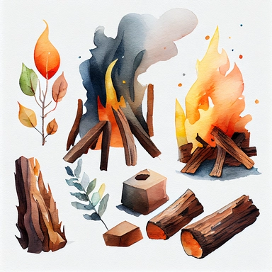 burning firewood Watercolor Clipart, details