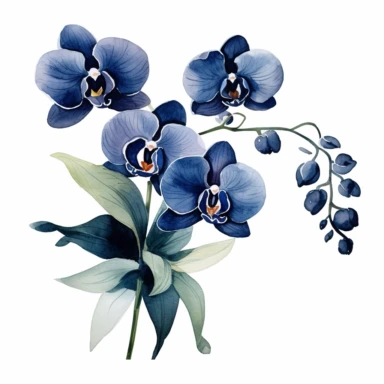 navy blue colored orchid flowers arrangement with watercolor effect,suitable for digital clipart,white background,green leaves