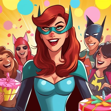 Create a playful and fun clipart image of a female superhero character's birthday party. Depict the superheroine surrounded by friends and family, wearing party hats and holding balloons. Include elements like cake slices, presents, and a festive party table.