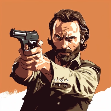 flat vector clipart of rick grimes from the walking dead pointing a gun at the camera