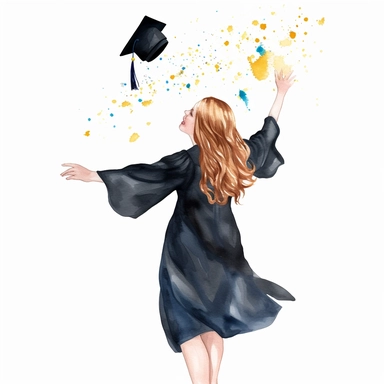 create a hand drawn watercolor clipart of girl in gown throwing graduation cap, white background, 4k
