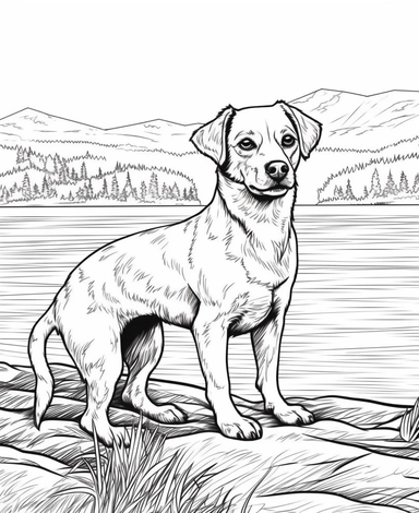expert coloring page style illustration of ultrarealistic Jack Russell Terrier Dog breed Clipart, simple lake background, simple line art, line is crisp and clean, easy to color