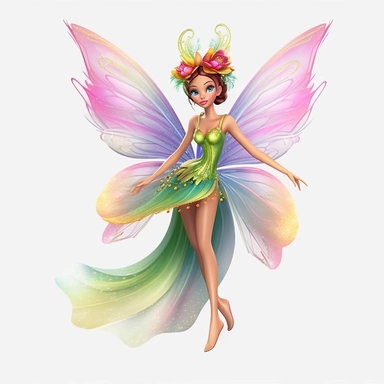 Watercolour animated whimsical beautiful Disney inspired beautiful spring fairy with iridescent wings mesmerising beautiful eyes perfect perfect hands and legs and feet Disney inspired spring fairy beautifully detailed perfect facial features ultra highly detailed, 18k, sharp focus, bright photo with rich colours digitally enhanced, enhanced graphics, straight, sharp focus, bright lighting, intricate detailed png image ,high definition,300dpi,graphic clipart,computer graphics