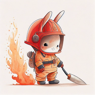 children's book illustration of a cute bunny as a fireman, smooth watercolor details, in the style of Pixar, superb color, outline, nursery art, popular on pinterest, clipart, trending on artstation, minimalist, flat design, white background, insane deails, intricate details