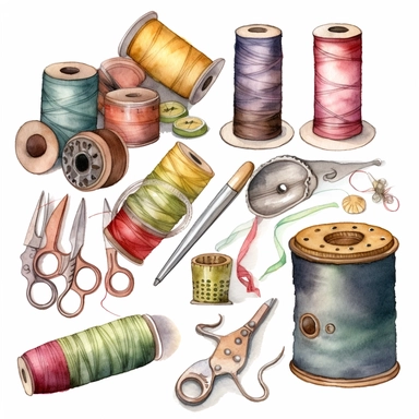 Watercolor clipart on the theme of cozy sewing: thread rolls, fringed braid, vintage scissors, sewing needles, wooden buttons, spools of thread, pin, thimble, various beads. Delicate colours