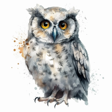 A Cute Happy Owl .Watercolor hyper-realistic detailed animal illustrations, elegant inking techniques, delicate markings, monochromatic paintings, free brushwork, watercolor illustrations, painted illustrations Clipart, White Background