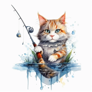 Cute Beautiful Funny Cat Fishing Big Fish Watercolor Sublimation Clipart,Cartoon,hyper realistic, intricate detail, illustration style,high solution,on the white background