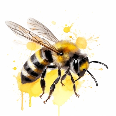 honey bee clipart with vibrant yellow and black stripes, delicate wings, and a playful expression, a gentle and artistic feel, with translucent layers and loose brushstrokes that enhance the bee's lively presence, no text, white background