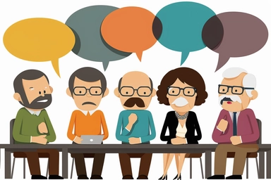5 separated well defined clipart office people discussing with small empty speech bubbles, all genre age ethnicity including senior, isolated on white background, flat design