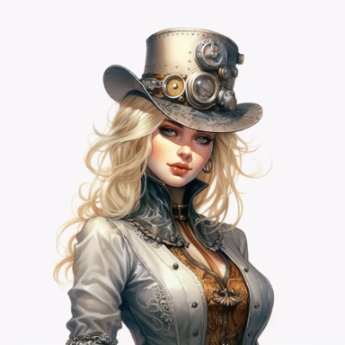 Solid white background. Waist-up illustration of a determined steampunk woman, her intense gaze and resolute smile reflecting her strong determination. Her porcelain skin and golden blonde hair beautifully contrast her attire in shades of silver and blonde, a testament to Victorian elegance and steampunk aesthetics. Instead of a hat, she wears a sleek headband adorned with industrial motifs. The background lacks any steampunk elements. Pastel clipart, hyper-realistic, retro-futurism, solid white