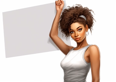 Cartoon Clipart of beautiful African American girl with braided hair, girl holding a blank board on white background, Norman Rockwell style is 20 years old holding white sheet poster, in the style of street style realism, uhd image, illustrated advertisements, eye-catching composition, photorealistic detail, light silver and brown, matte photo