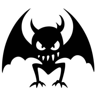 black and white silhouette of a friendly halloween bat icon, clipart style, white background, thick lines, vector, simple design, flat colour, solid colour