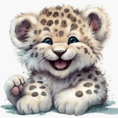 full body of a cute happy smiling baby cub leopard, hello, in the style of jody bergsma, insanely fluffy fur, clipart with white background,32k uhd, hand-painted details, charming character illustrations, amazing colours combo ,aquarellist, hd , how beautiful and cute it is,white background clipart