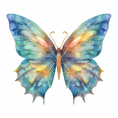 A captivating butterfly with wings shimmering like a mermaid's tail clipart, white background, watercolor drawing