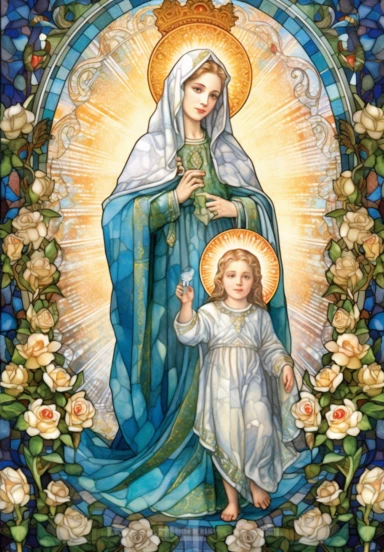 A sharp photograph of an expensive portrait, pay particular attention to the shape of your hands, less watercolor stained glass Madonna and child with matching crowns full body clipart, the Madonna is wearing a medium aquamarine blue mantle with bright white stars on it and the child is wearing a bright white robe, behind them is shimmering bright light, around many blue roses, highly detailed, white background, in the style of Catholic religious art, artist Andrea Lezcano, Vincent Van Gogh, in 