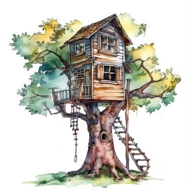 watercolour treehouse clipart illustration, on an isolated clean white background, with black ink outline and black border, cut out