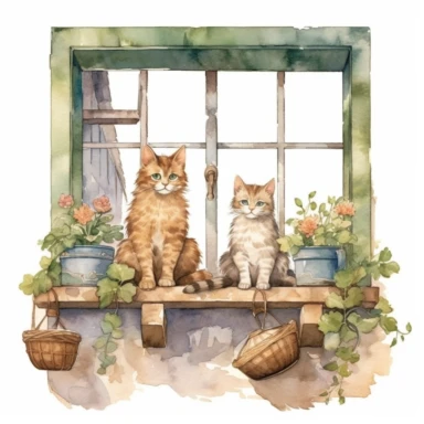 three little cats on a window ledge clipart, watercolor and ink, cottage core style, muted colors