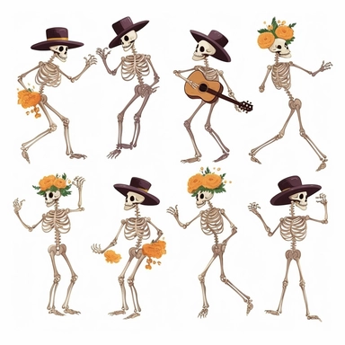 collection halloween dancing skeleton wiht flowers, clipart, white background
