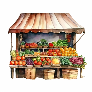 watercolor colorful clipart of a bountiful farmer's market, hd, on white background