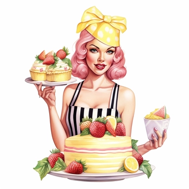 Hand drawn pin up woman, wearing a yellow bakers hat, pink and white striped apron, holding lemonade cake with lemons, with strawberries and blossoms, glamorous, half body, very detailed and realistic, watercolor, white background with margins, clipart style