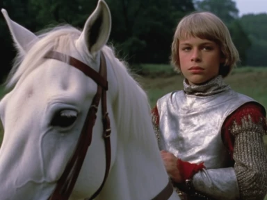 vhs clip of 1981 movie the grail, arthur as a young squire is walking next to a white horse, medieval clothing, organic movement, in the style of home video, dynamic scene