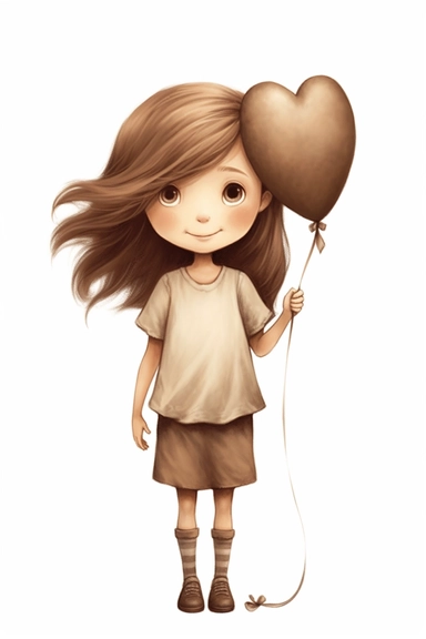a small girl holding a heart, in the style of light beige and brown, whimsical cartoonish, airbrush art, scrapbook, mandy jurgens, dye-transfer, simple, clipart