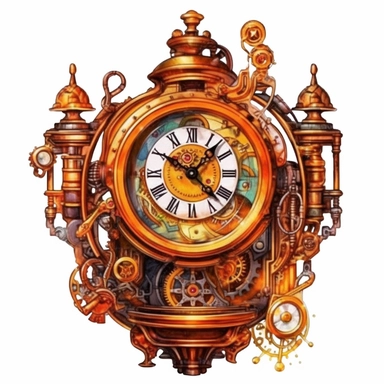 watercolor Steampunk clock image, steampunk, intense colors, luxurious, victorian, clipart, watercolor, light amber and bronze, white background, detailed, sideways, 3d