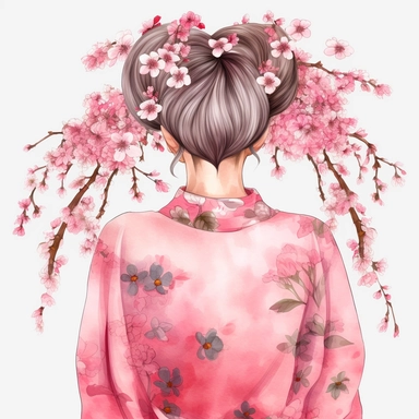watercolor A woman's face, full body, back view Cherry blossoms: These delicate pink flowers are a favorite among many people and are often associated with the arrival of spring. They are commonly used in Japanese art and culture. with flowers and leaves adorning her hair. hair up with flowers vividly bold designs png Full body realistic cartoon in 32K UHD cute. 15 cm thick outline. Black color. There was no shadow on the ground. 8k with realistic watercolors. and detailed illustrations. PNG cli