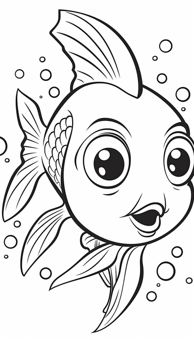 A fish that is clean and simple on a white background, in 2d clipart vector style for adobe illustrator, should express a comic and a cartoon style look, cute and funny, the outer border width must be 4mm, it must be suitable for a coloring book, smooth lines, show full animal with its all body parts in vitali-iakovlev style, single image per page