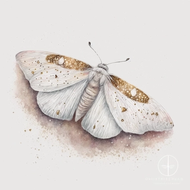 A white moth, on a bed of glitter, white, gold, glitter, fantasy, realistic illustration, watercolor, by Dinara Mirtalipova, by Disney, bright and airy Colors, concept art, white background , clipart