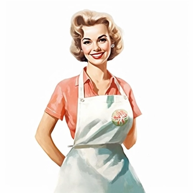 vintage style realistic beautifull happy home wife woman wearing cook apron with watercolor effect,vintage fashion,vintage style home decors,vintage scene,suitable for digital clipart,white background,realistic features
