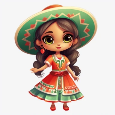 Beautiful mexican style girl, happy dancing, with beautiful eyes and beautiful smile, disney style, full body,on white background, big eyes, clipart, cartoon, inkley studio, smiling, outlines, with a beautiful typical Mexican dress green, white and red colors, typical mexican hat, she carries a flag of Mexico in her hand , charming anime characters Thomas Kinkade Nadja Baxter Anne Stokes Nancy Noel