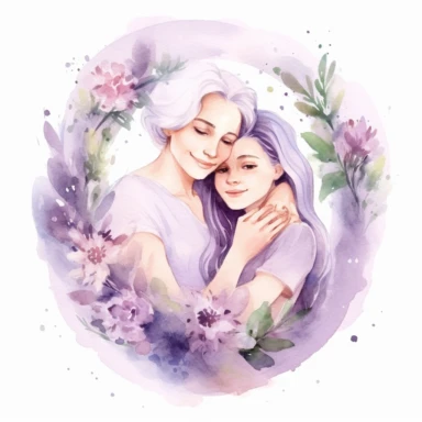 cute watercolor clipart with pale skinned older mom and adult daughter hugging echother in circle, beautiful, hight quality, pastel colors, white background, decorated with white lilas