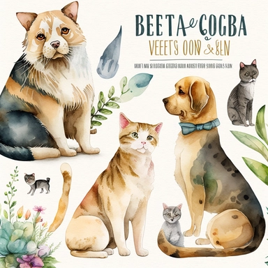 Design a Mega Dog and Cat Clipart Bundle with Watercolor Illustrations showcasing different breeds of cats and dogs. The illustrations should depict the back view of the animals sitting in a relaxed posture. The bundle should have a total of 600 images and should cater to pet lovers of all ages. The watercolor style should be vibrant, with a blend of colors and should be appealing to the eyes. Ensure that the illustrations are detailed, and each breed should be identifiable at a glance