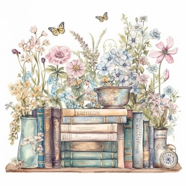 Design a vintage nature and floral style shelf of books clipart on a pure white background. Infuse the image with a plethora of flowers and floral elements, such as vines, petals, and leaves. Use a soft color palette consisting of pastel pinks, blues, and greens to create a charming and delicate image. Consider adding small details such as birds or butterflies to add a touch of whimsy and movement to the image. Utilize soft and diffused lighting to create a warm and inviting atmosphere. The book