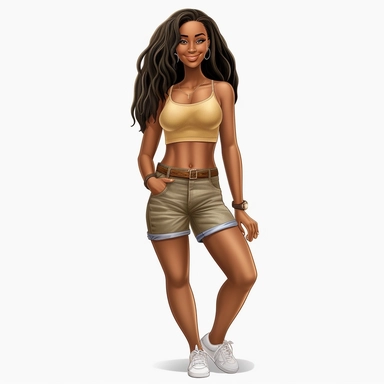 beautiful black teenage girl with beautiful long hair to her waist, dressed casually. Full perspective and, long shot A young black woman with full lips and a big beautiful smile, dressed in khaki shorts and a tank top, has long hair and beautiful shapely legs, wearing heels, clipart in the style of digital airbrushing, feminine sticker art, dollcore, realistic face, realistic body, glamorous,